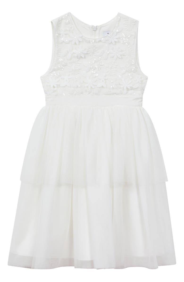 Reiss Kids' Rocha Floral Appliqué Dress, Main, color, Ivory