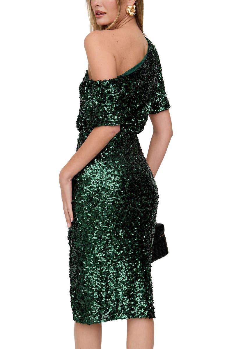 Lily and Lionel London Nola Asymmetric Off Shoulder Sequins Midi Dress, Alternate, color, Green