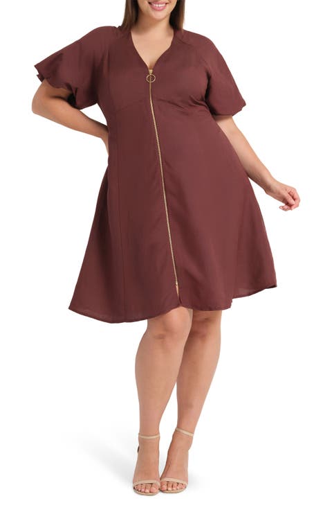Heather Front Zip Puff Sleeve Dress (Plus)