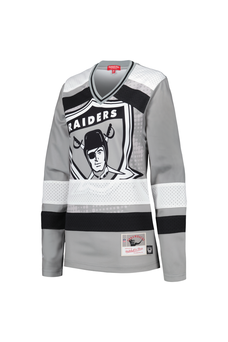 Women's Mitchell & Ness Silver Las Vegas Raiders Big Face 7.0 Long Sleeve Jersey T-Shirt, Alternate, color, Silver