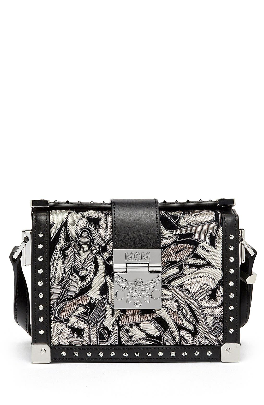 'Mini Mitte - Brocade' Embellished Leather Crossbody Bag, Main, color, BLACK