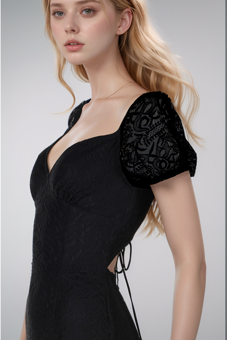 Lace Puff Sleeve Open Back Midi Dress, Alternate, color, Black