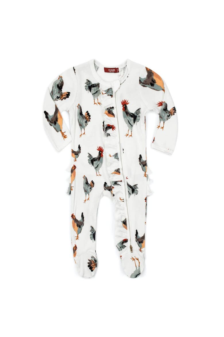 Organic Cotton Ruffle Zipper Footed Romper, Main, color, Chicken