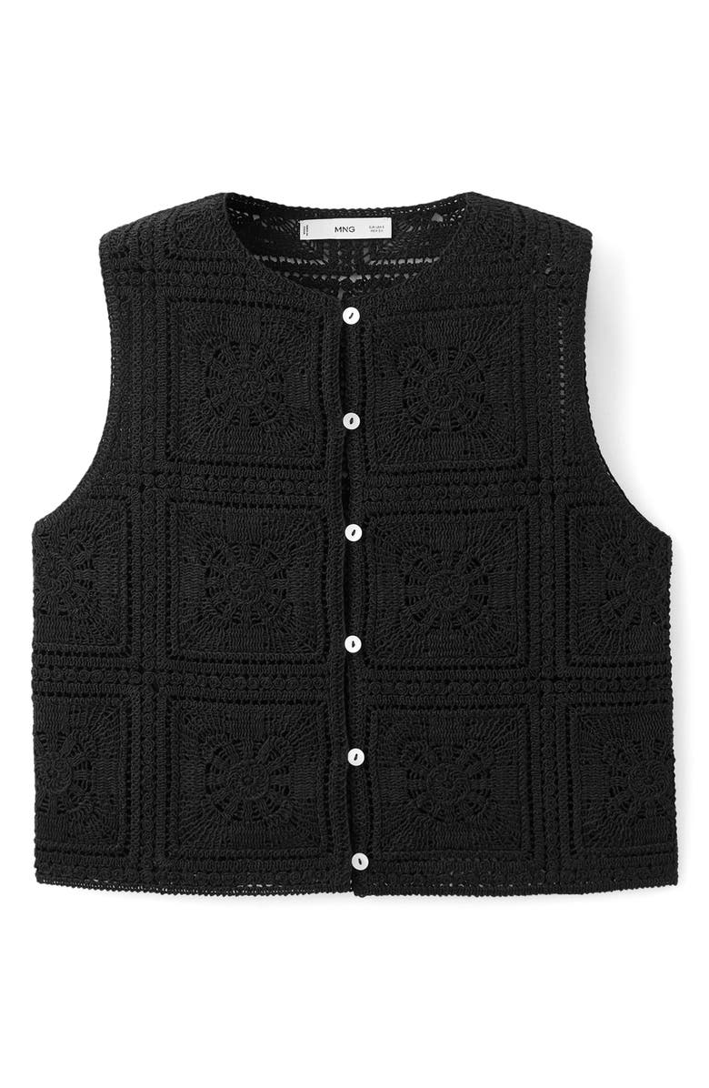 MANGO Sleeveless Crochet Button-Up Top, Alternate, color, Black