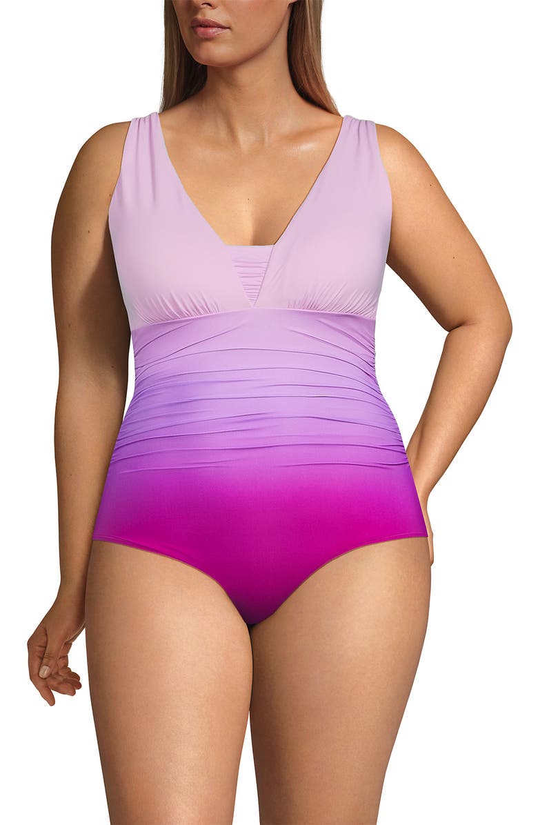 Lands' End SlenderSuit Grecian Tummy Control Chlorine Resistant One Piece Swimsuit, Main, color, Crimson Rose/Purple Ombre