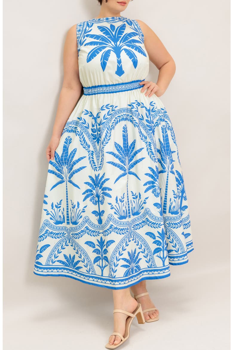 Palm Print Cotton Midi Dress, Alternate, color, IVORY BLUE
