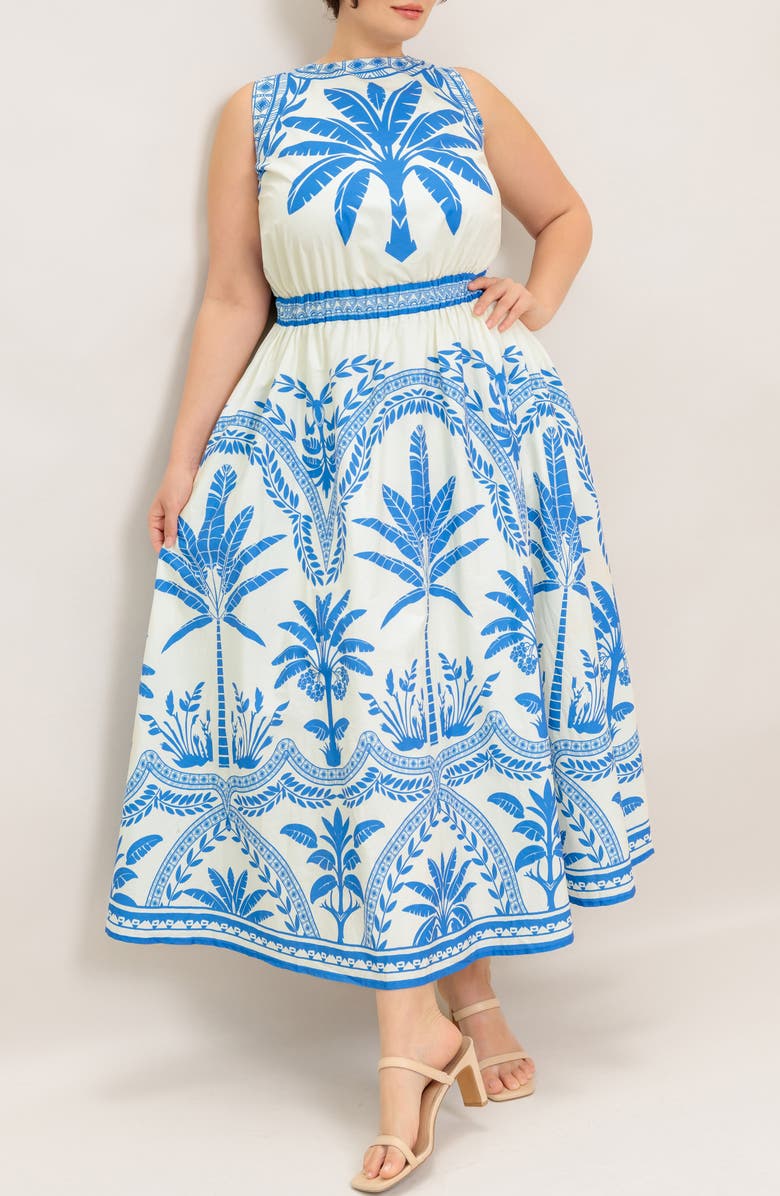 FLYING TOMATO Palm Print Cotton Midi Dress, Alternate, color, Ivory Blue
