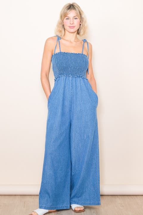 Chambray Shoulder Tie Smocked Jumpsuit