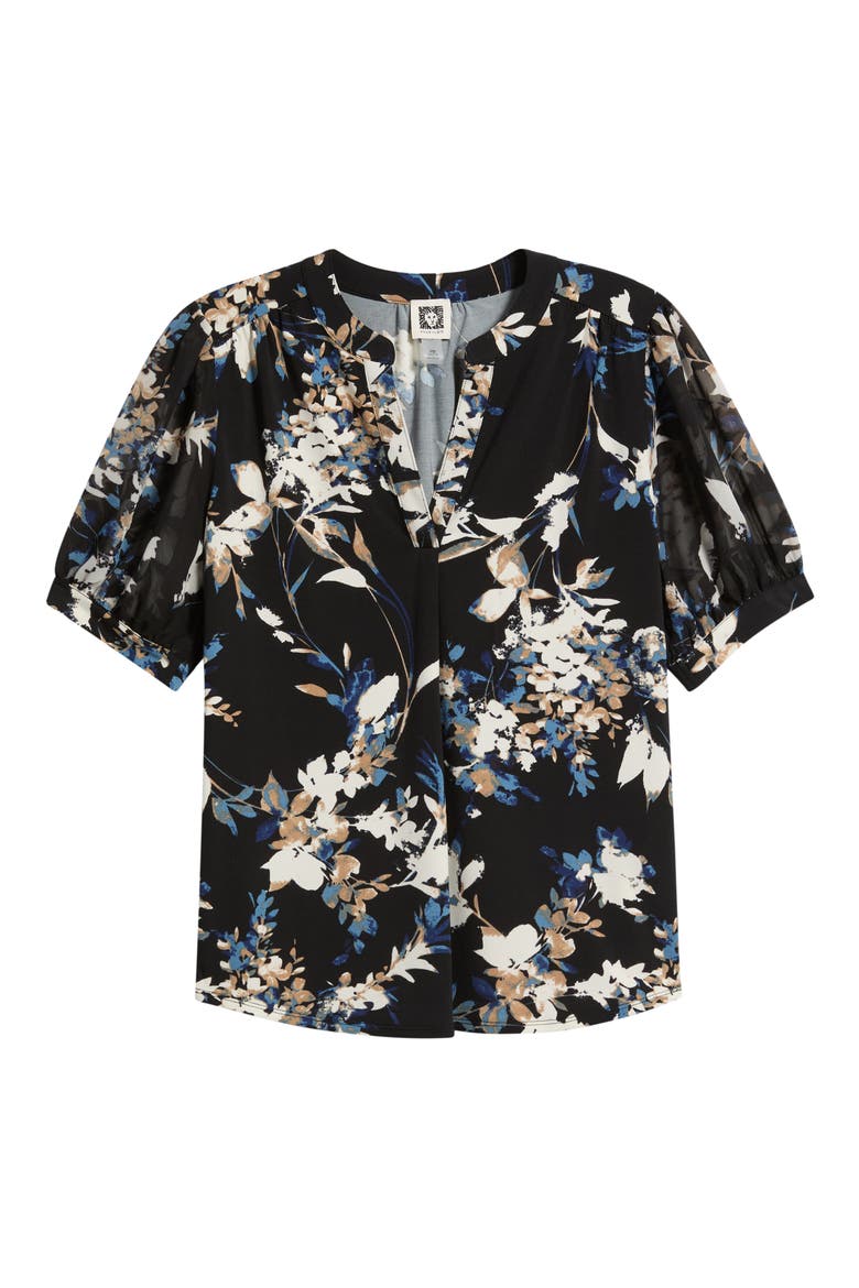 Floral Print Split Neck Top, Alternate, color, ANNE BLACK/ DUTCH BLUE MULTI