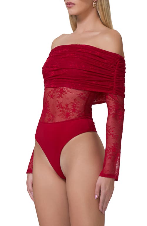 AFRM AFRM LENNOX RUCHED OFF THE SHOULDER LACE BODYSUIT