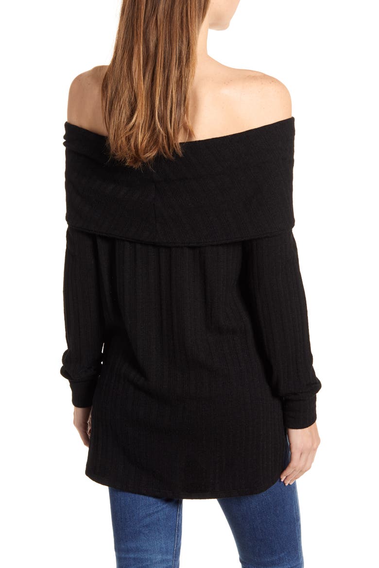 Ribbed Pointelle Off the Shoulder Top, Alternate, color, BLACK