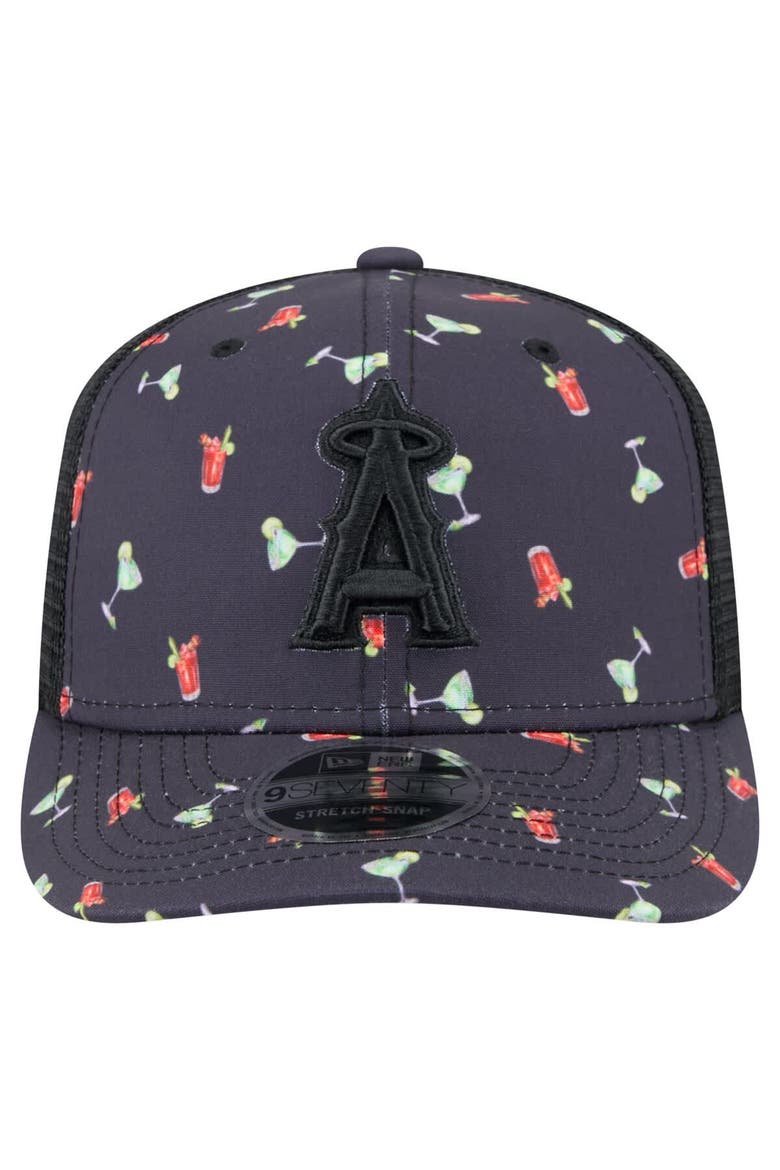 Men's New Era Black Los Angeles Angels Adventure Drinks Pattern 9SEVENTY Stretch-Snap Hat, Alternate, color, Navy