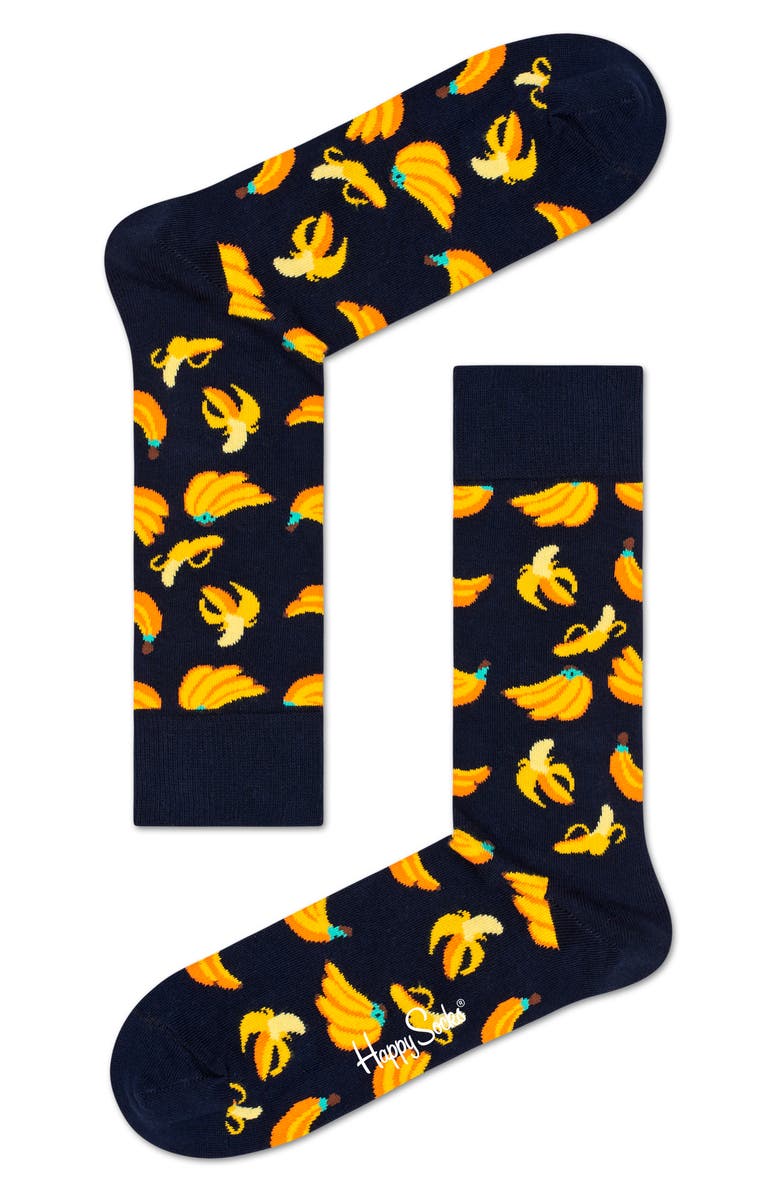 Happy Socks Banana Crew Socks, Main, color, Navy