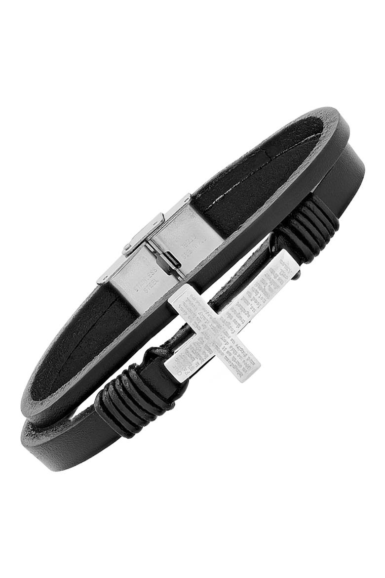 Men's Stainless Steel Lord's Prayer Cross Layered Leather Bracelet, Alternate, color, BLACK-METALLIC