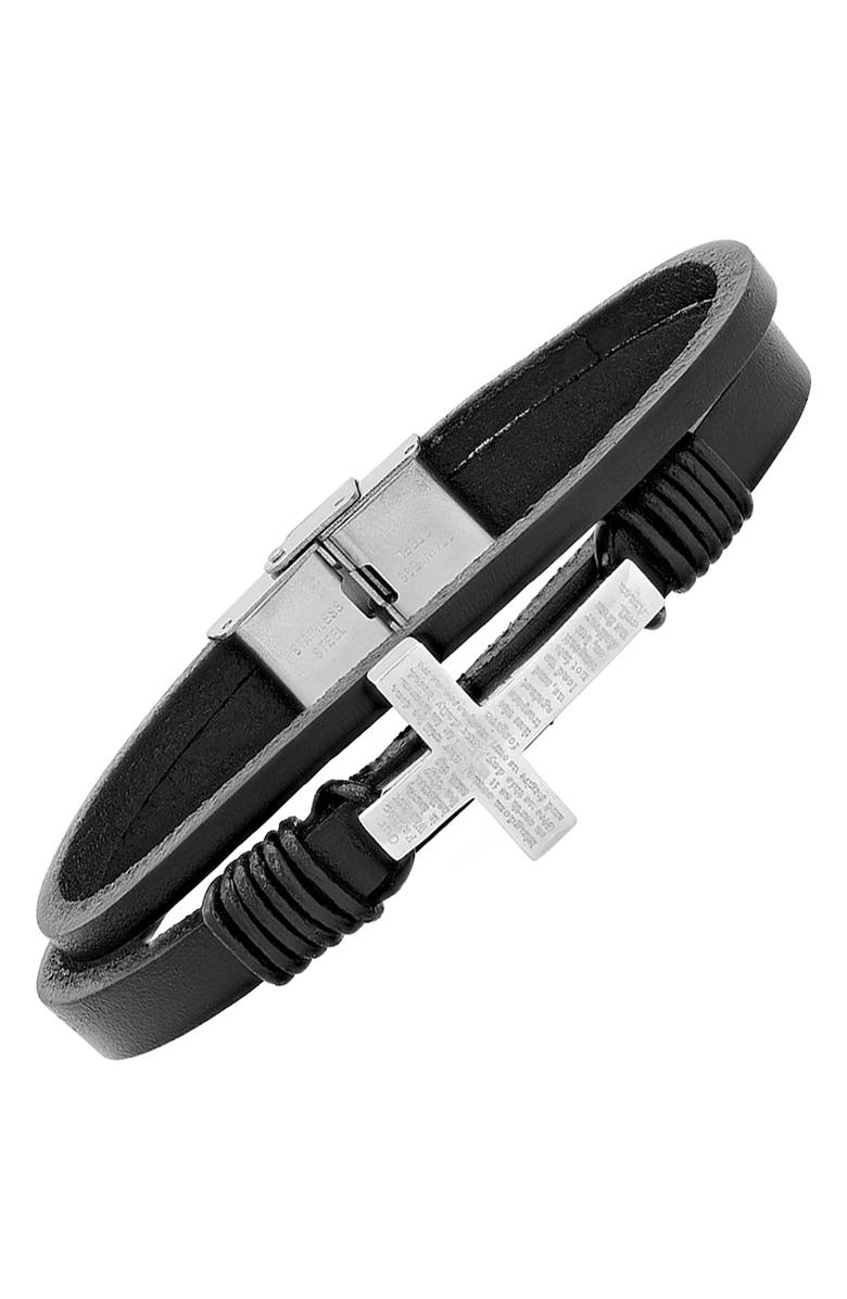 HMY JEWELRY Men's Stainless Steel Lord's Prayer Cross Layered Leather Bracelet, Alternate, color, Black-Metallic
