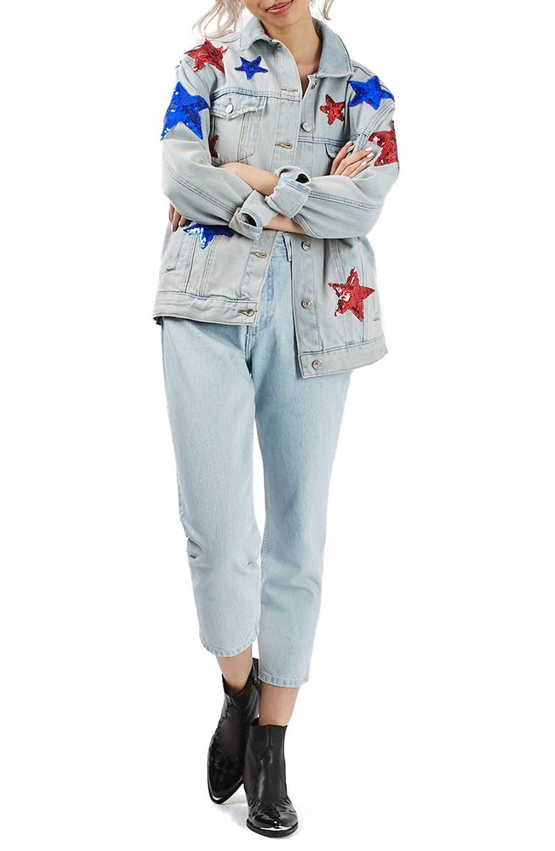 Topshop Sequin Star Denim Jacket, Alternate, color, 