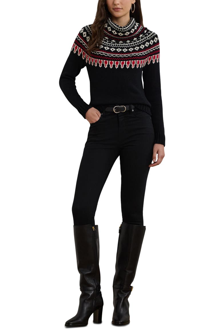 Fair Isle Cotton Turtleneck Sweater, Alternate, color, BLACK/ CREAM/ RED