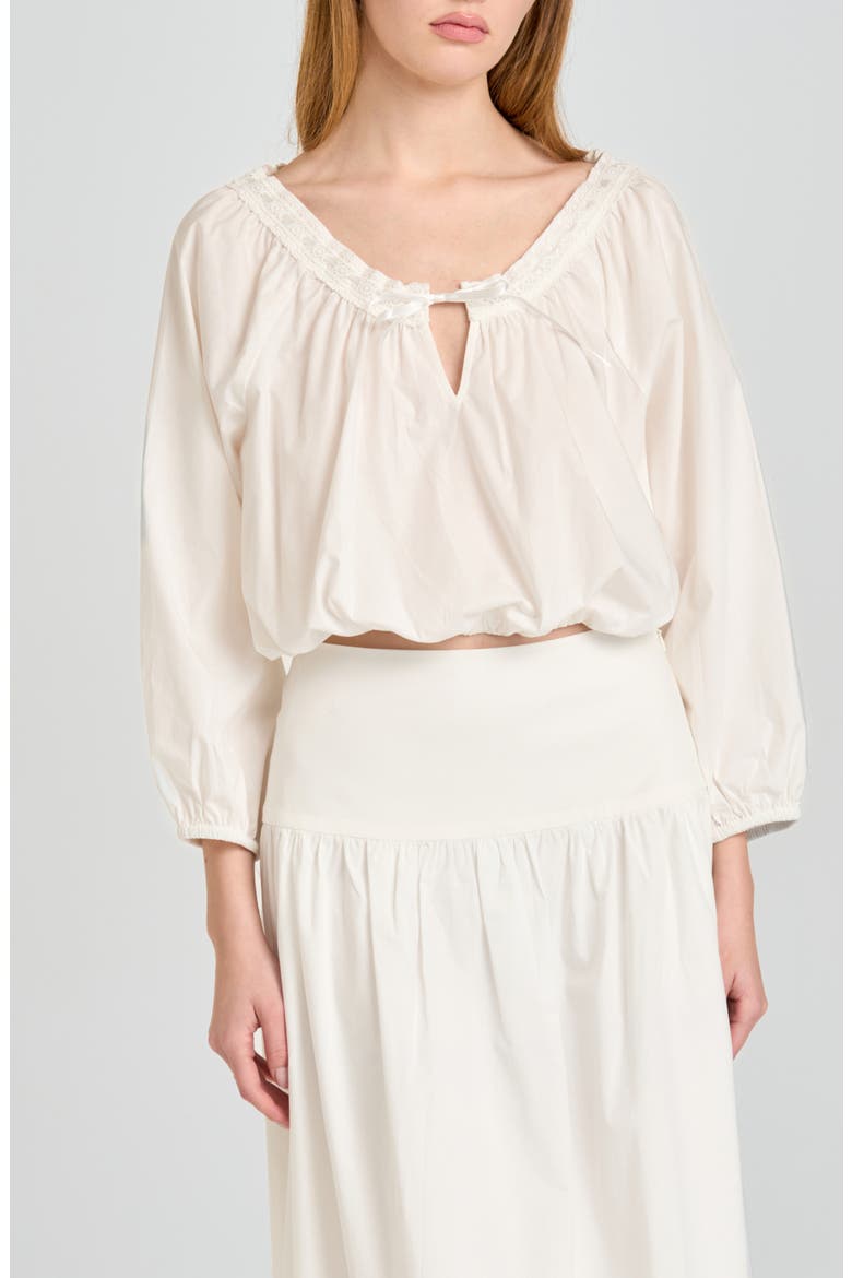 Mia Boho Lace Trim Gathered Stretch Cotton Top, Main, color, IVORY