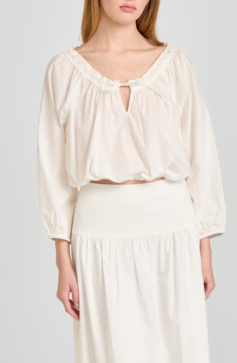 Mia Boho Lace Trim Gathered Stretch Cotton Top