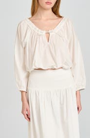 WAYF Mia Boho Lace Trim Gathered Stretch Cotton Top