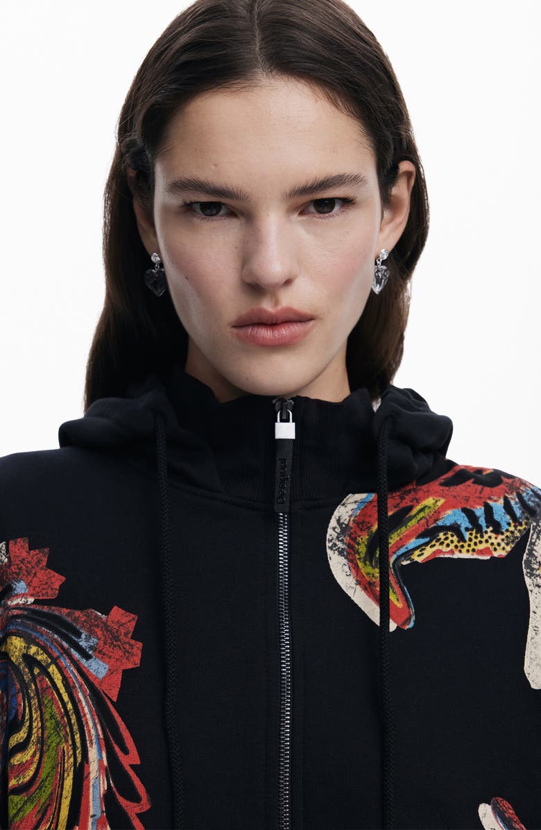 Desigual Graphic Print Cotton Hoodie, Alternate, color, Black