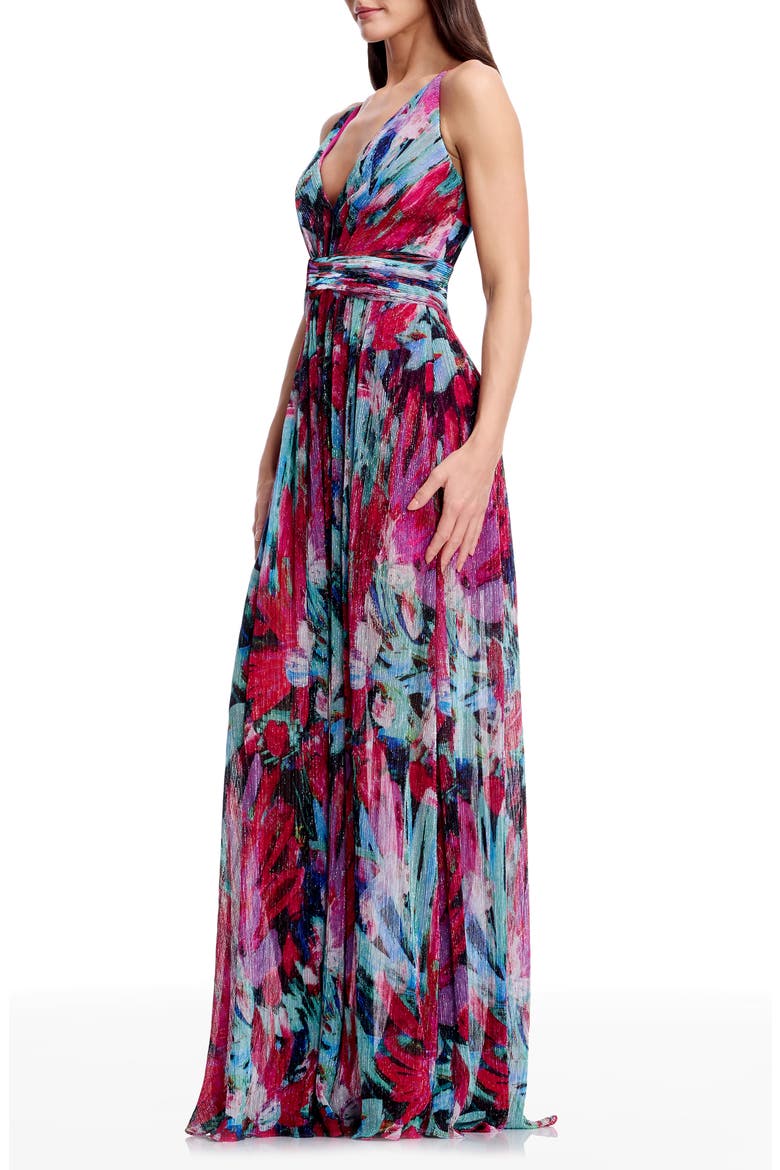 Taylor Metallic Floral Plissé Gown, Alternate, color, BRIGHT FUCHSIA MULTI