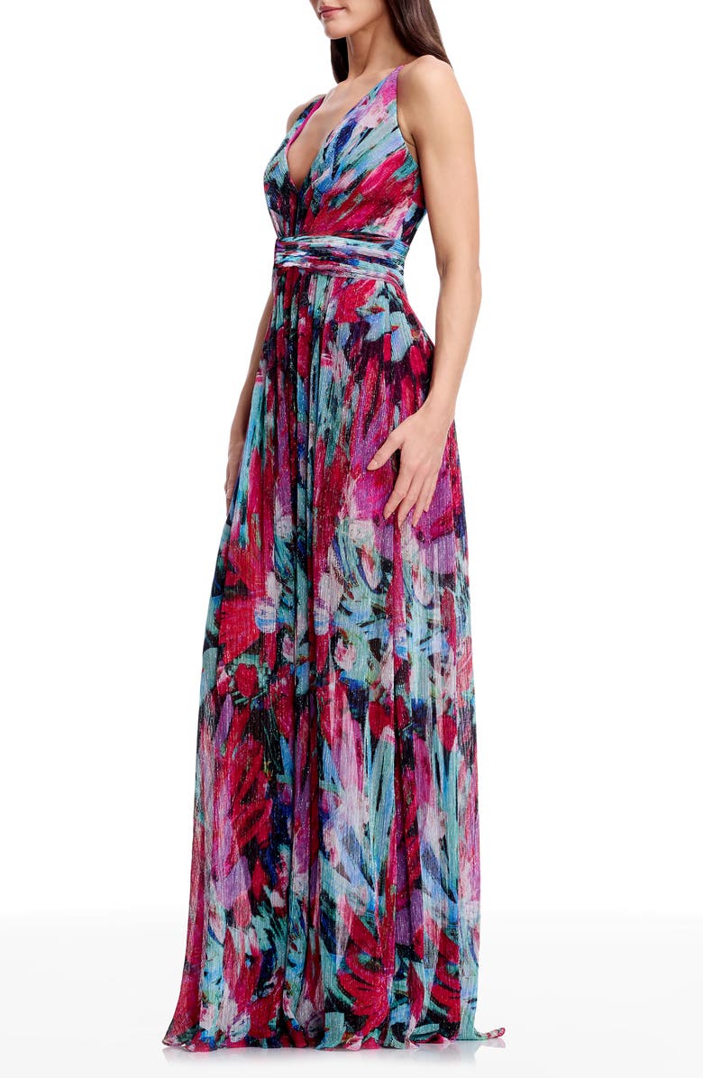 Dress the Population Taylor Metallic Floral Plissé Gown, Alternate, color, Bright Fuchsia Multi