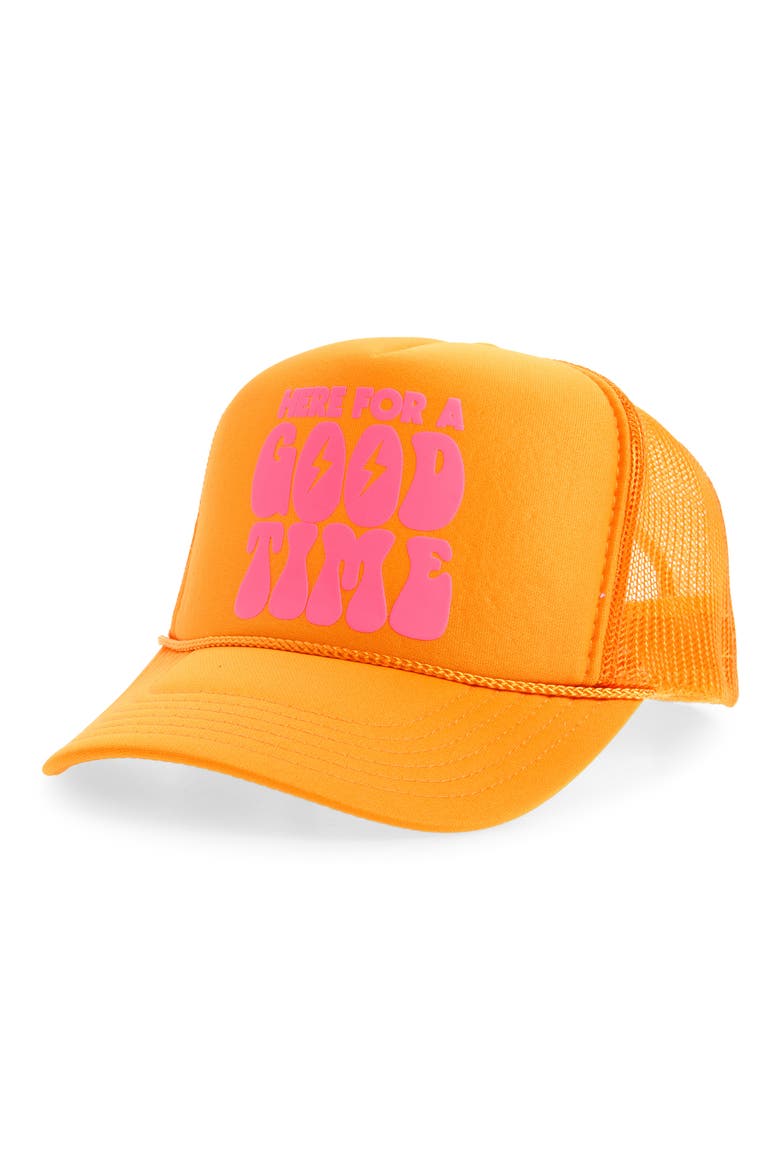 Here For a Good Time Trucker Hat, Main, color, GOLD/ NEON PINK