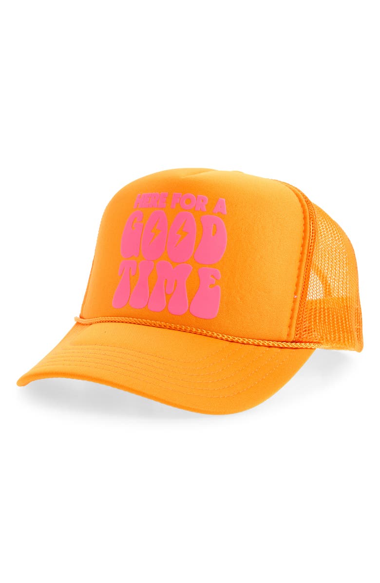 Local Beach Here For a Good Time Trucker Hat, Main, color, Gold/ Neon Pink