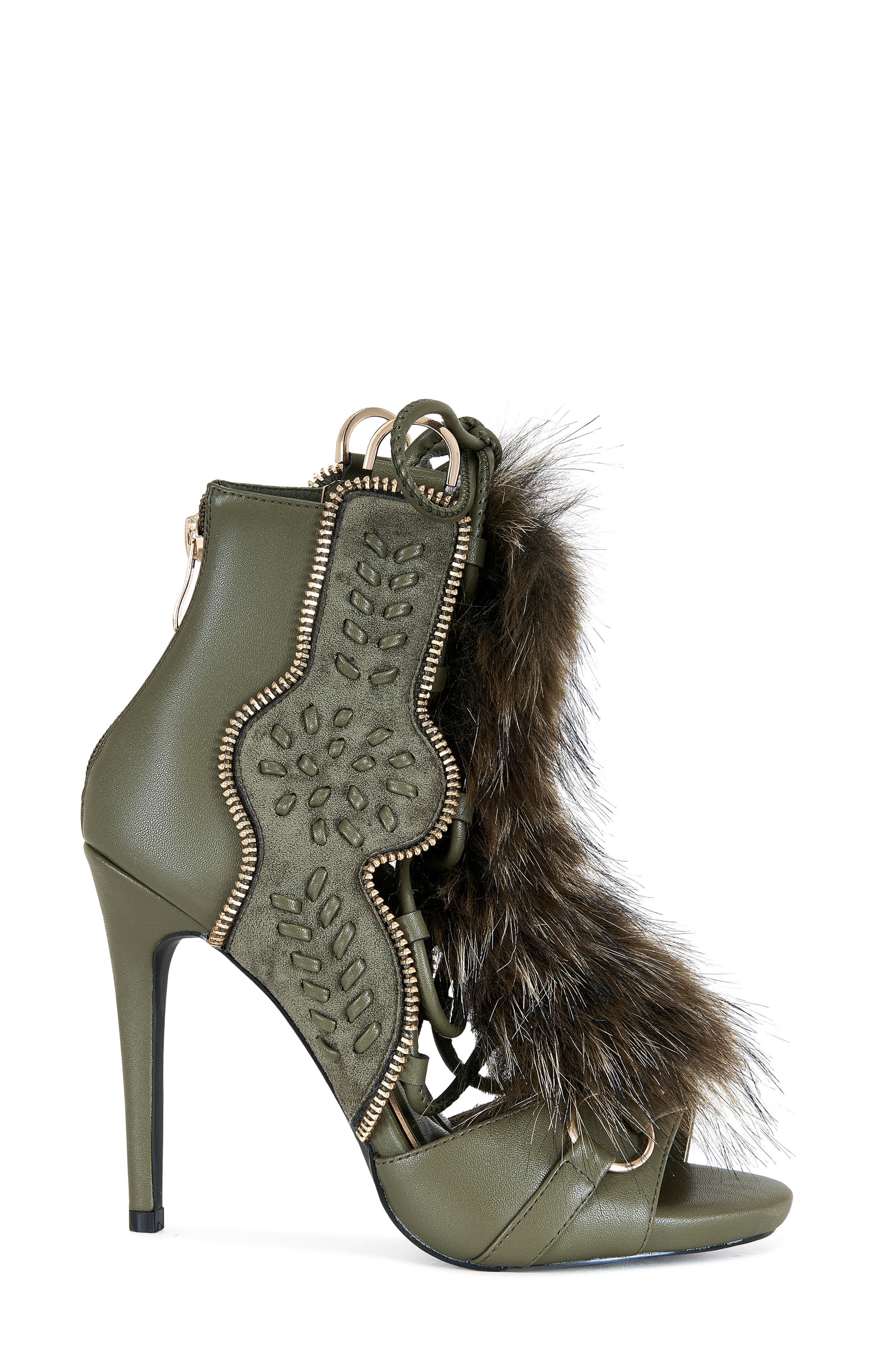 AZALEA WANG Shainy Faux Fur Open Toe Bootie, Alternate, color, Olive