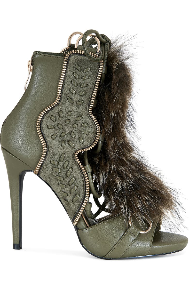 AZALEA WANG Shainy Faux Fur Open Toe Bootie, Alternate, color, Olive