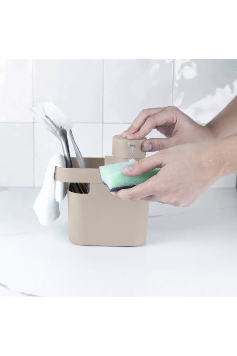 Durable Kitchen Soap Dispenser Organizer with Sponge and Dish Brush Holder, 22 oz, Alternate, color, Beige