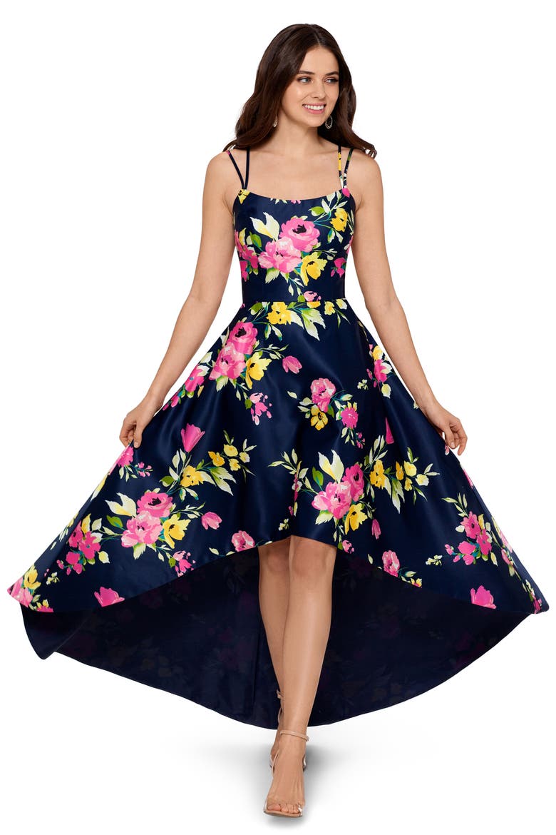 Xscape Floral High/Low Gown, Alternate, color, NAVY/ FUCHSIA