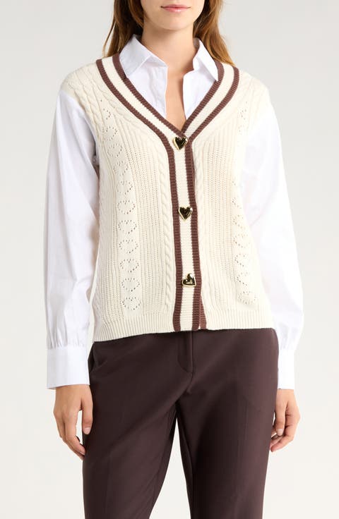 Cotton Blend Cable Knit Twofer Cardigan