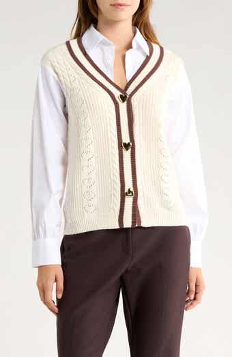 Vigoss Cotton Blend Cable Knit Twofer Cardigan