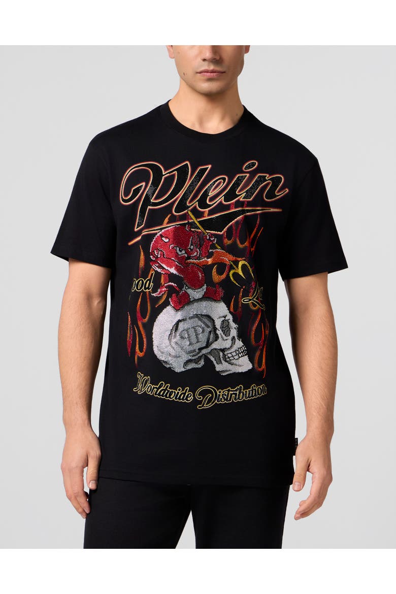 Round Neck T-Shirt Little Devil Crystal Men, Main, color, black