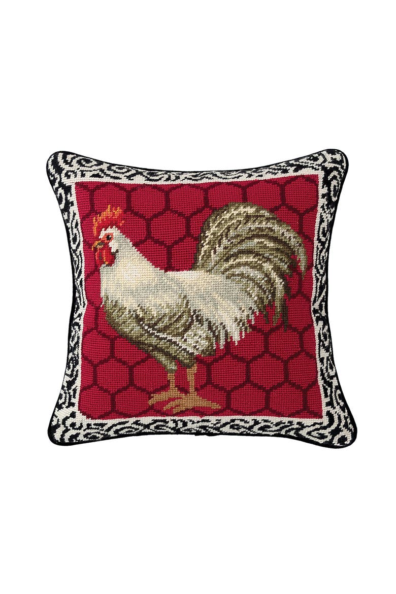 Red Black & White Rooster Needlepoint Accent Throw Pillow, Main, color, Red