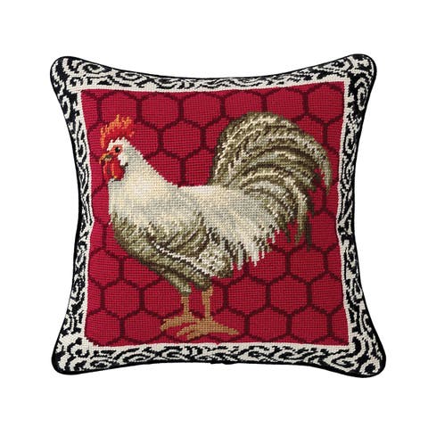 Red Black & White Rooster Needlepoint Accent Throw Pillow