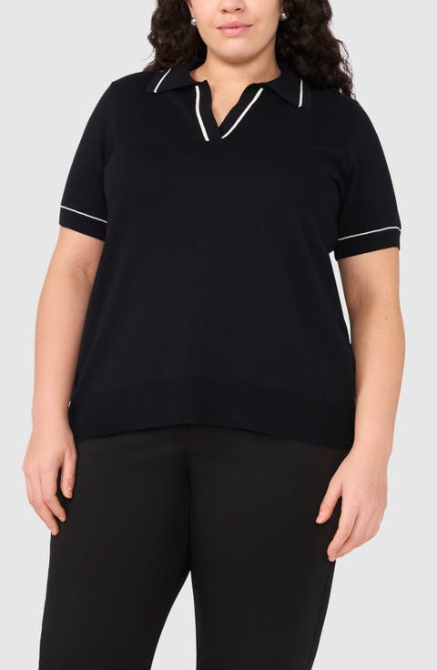 Tipped Johnny Collar Polo Sweater (Plus)