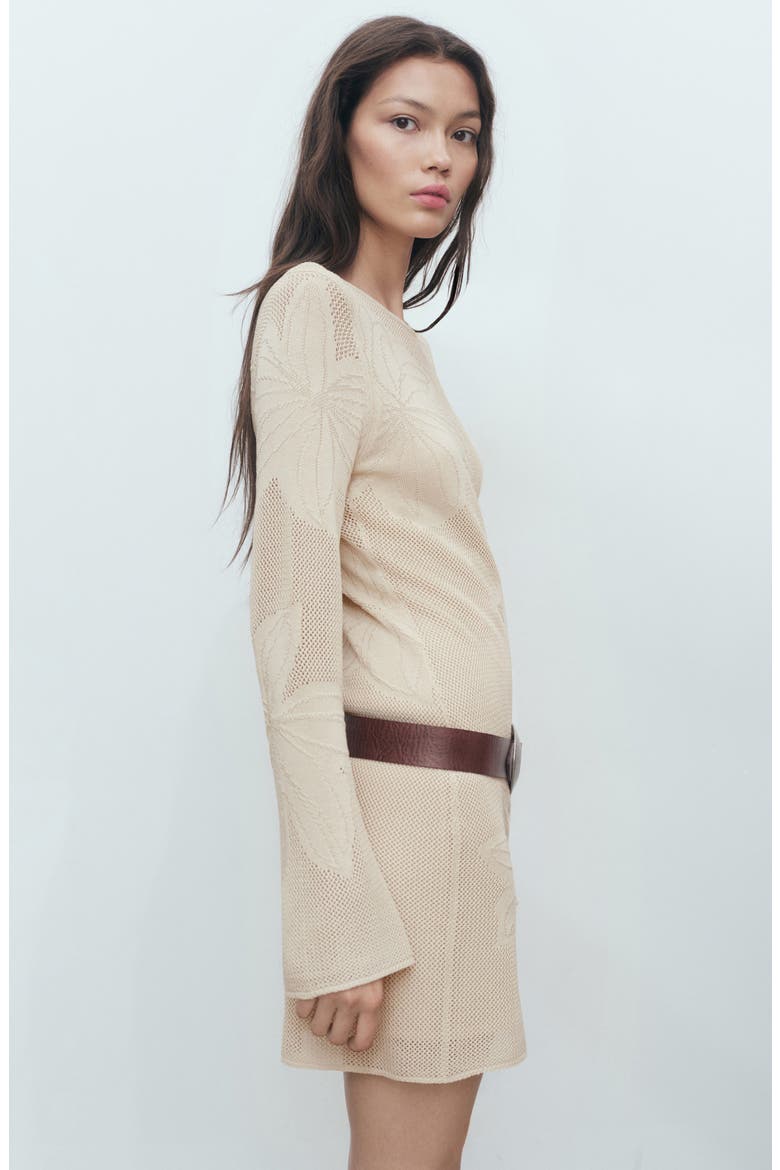 Embroidered Floral Long Sleeve Open Stitch Knit Minidress, Alternate, color, BEIGE