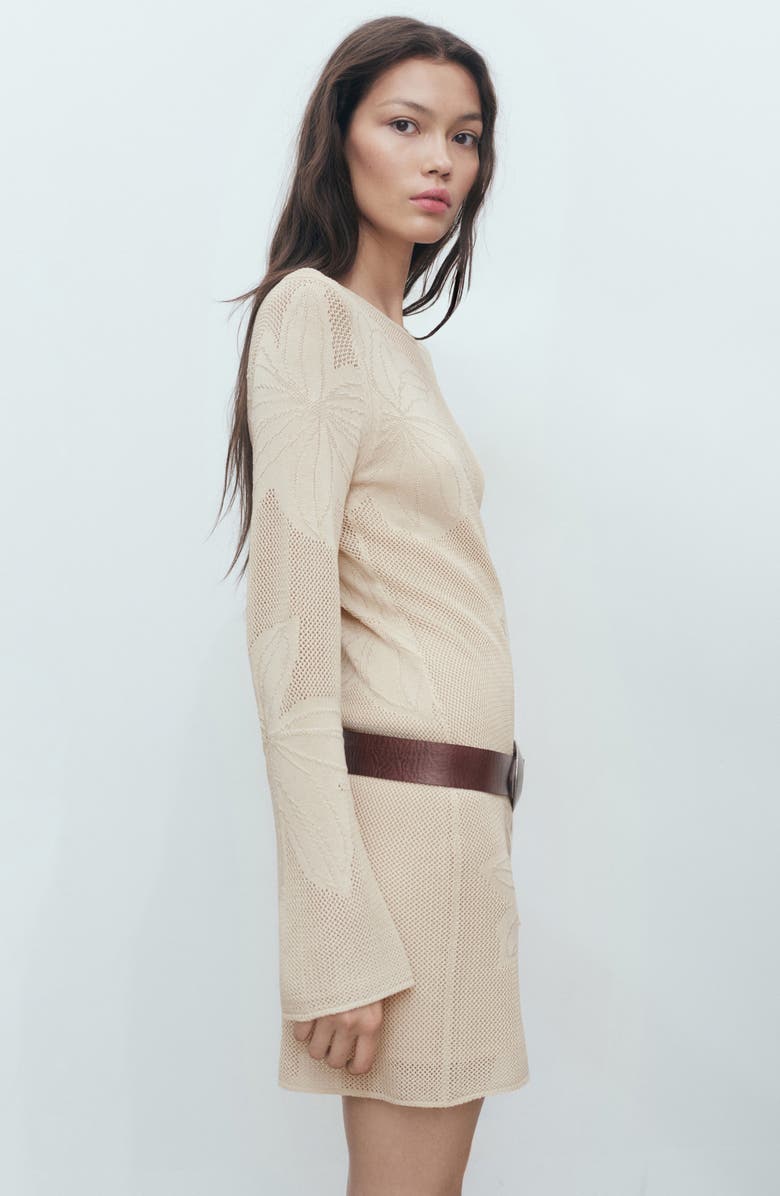 MANGO Embroidered Floral Long Sleeve Open Stitch Knit Minidress, Alternate, color, Beige