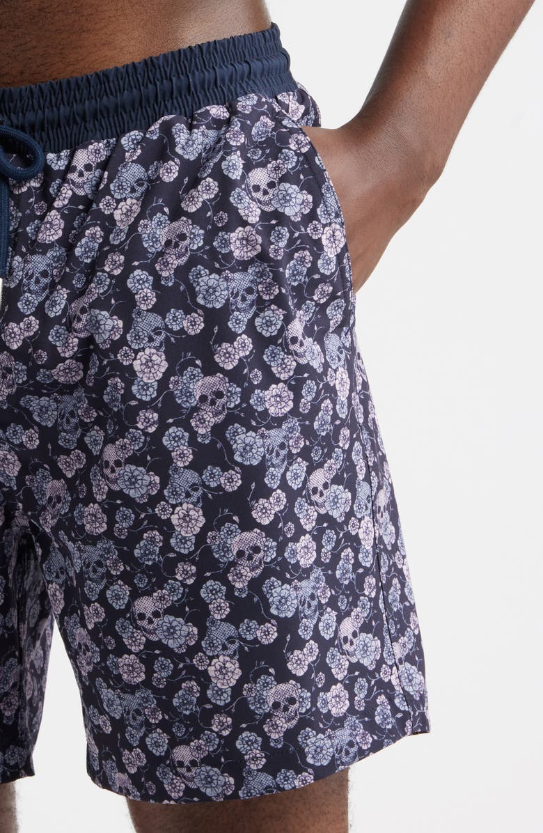 Stone Rose Summer Crush Skull Print Swim Trunks, Alternate, color, Dark Navy