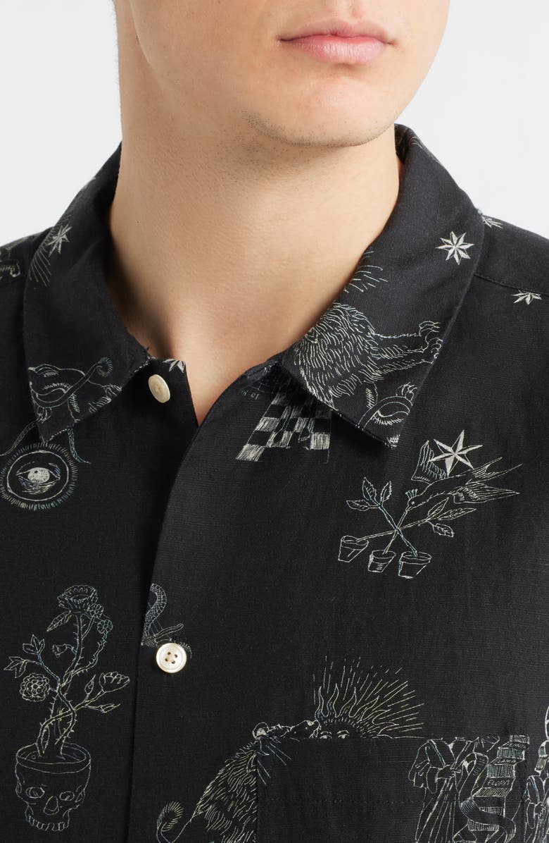 AllSaints Terra Print Short Sleeve Button-Up Shirt, Alternate, color, Jet Black