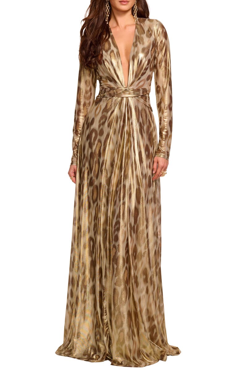 Ramy Brook Martini Metallic Leopard Print Long Sleeve Gown, Main, color, Gold Animal