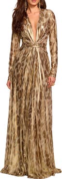 Ramy Brook Martini Metallic Leopard Print Long Sleeve Gown