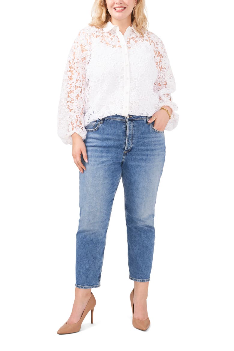 Eyelet Balloon Sleeve Button-Up Blouse, Alternate, color, ULTRA WHITE