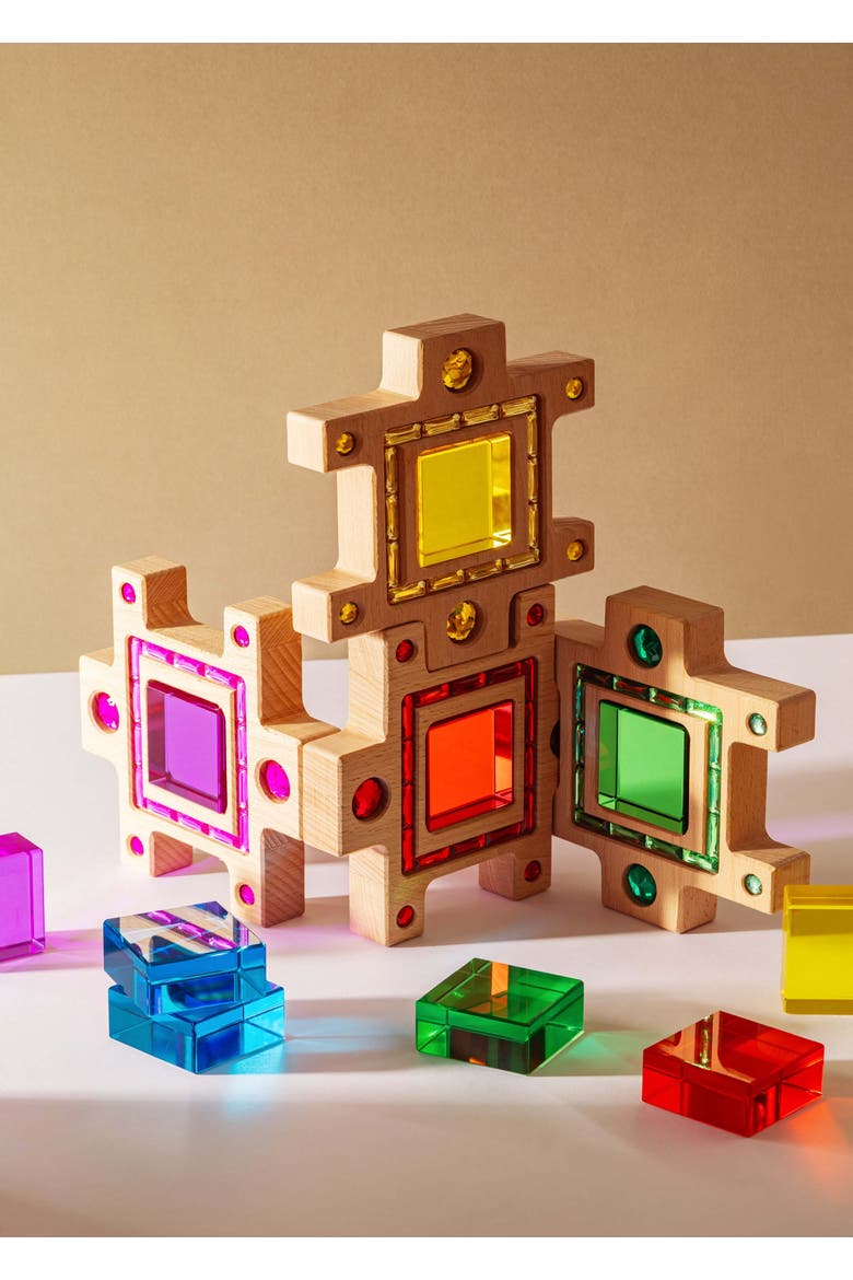 Busy Large Interlocking Wooden Building Blocks with Acrylic Inlays - 16 Pieces, Alternate, color, Multicolor
