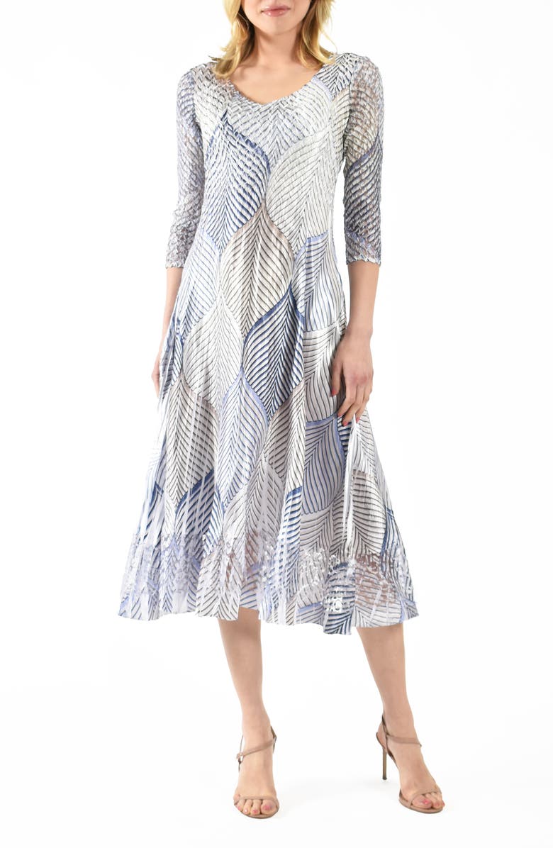 Komarov Abstract Print Charmeuse & Lace Cocktail Midi Dress, Main, color, 