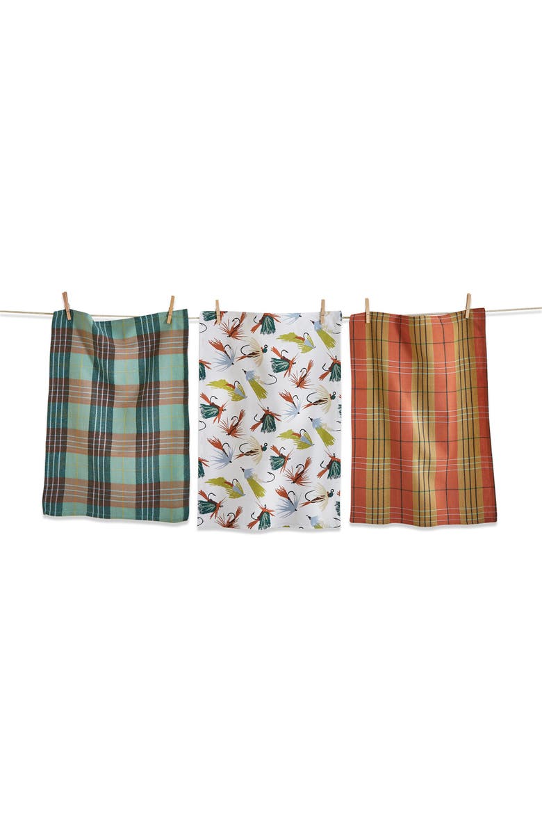 tag Set of 3 Fishing Flies Print Green Plaids Kitchen Towels, Main, color, Multicolored