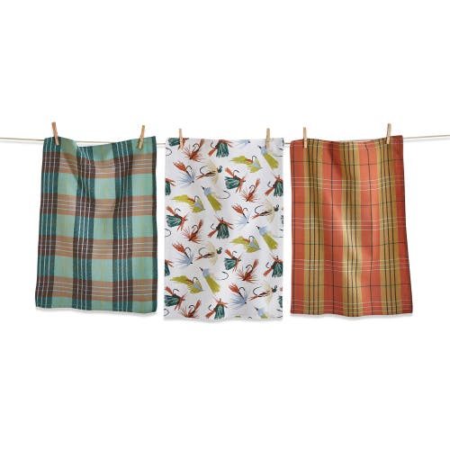 Tag Set Of 3 Fishing Flies Print With Green Plaids Cotton Kitchen Dishtowels 26l X 18w In. In Multi